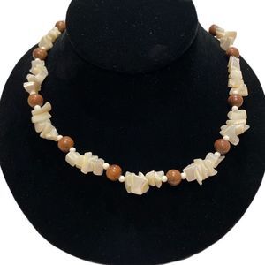 Vintage Mother Of Pearl And Wood Bead Necklace